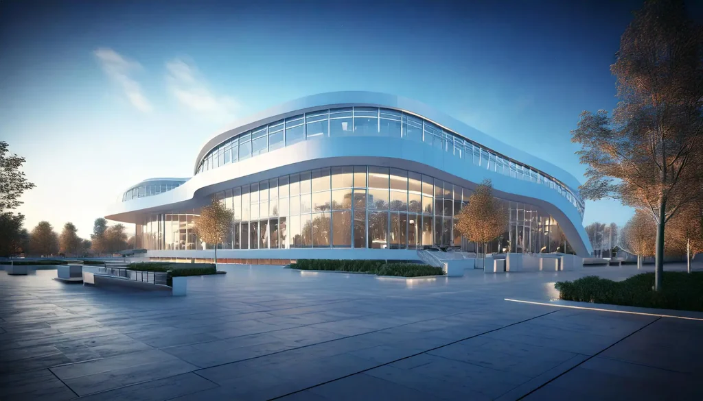 Modern fuar alanı binası: geniş cam cepheye ve etkileyici mimariye sahip büyük bir yapı.