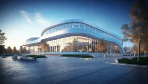 Modern fuar alanı binası: geniş cam cepheye ve etkileyici mimariye sahip büyük bir yapı.
