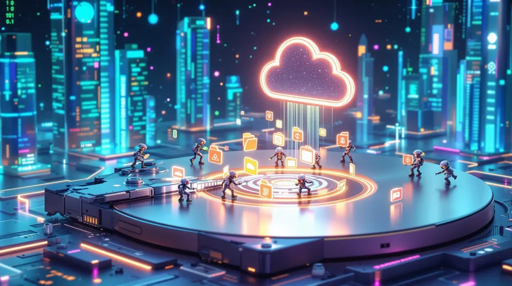 Bir harddiskin üzerinde çalışan minik robotlar, dosya ikonlarını taşıyor ve bir bulut simgesine doğru gönderiyor. Arka planda holografik bir şehir ve dijital bir gökyüzü yer alıyor.