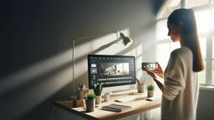 Doğal ışık alan bir ofiste, bir kişi cep telefonuyla yatay formatta video çekerken, masada düzenli bir şekilde yerleştirilmiş bilgisayar, bitkiler ve ofis malzemeleri.