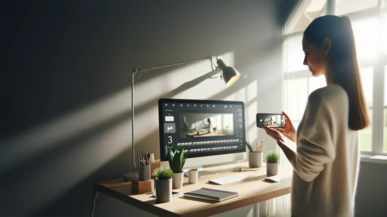 Doğal ışık alan bir ofiste, bir kişi cep telefonuyla yatay formatta video çekerken, masada düzenli bir şekilde yerleştirilmiş bilgisayar, bitkiler ve ofis malzemeleri.
