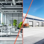 Modern bir ofis iç mekanı ve geniş bir depo dış mekanını gösteren görsel.