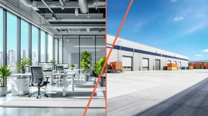 Modern bir ofis iç mekanı ve geniş bir depo dış mekanını gösteren görsel.