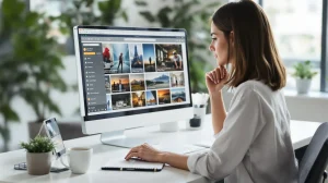 Bilgisayar ekranında stok fotoğraf sitelerini inceleyen bir kadın, modern bir ofis ortamında çalışıyor.