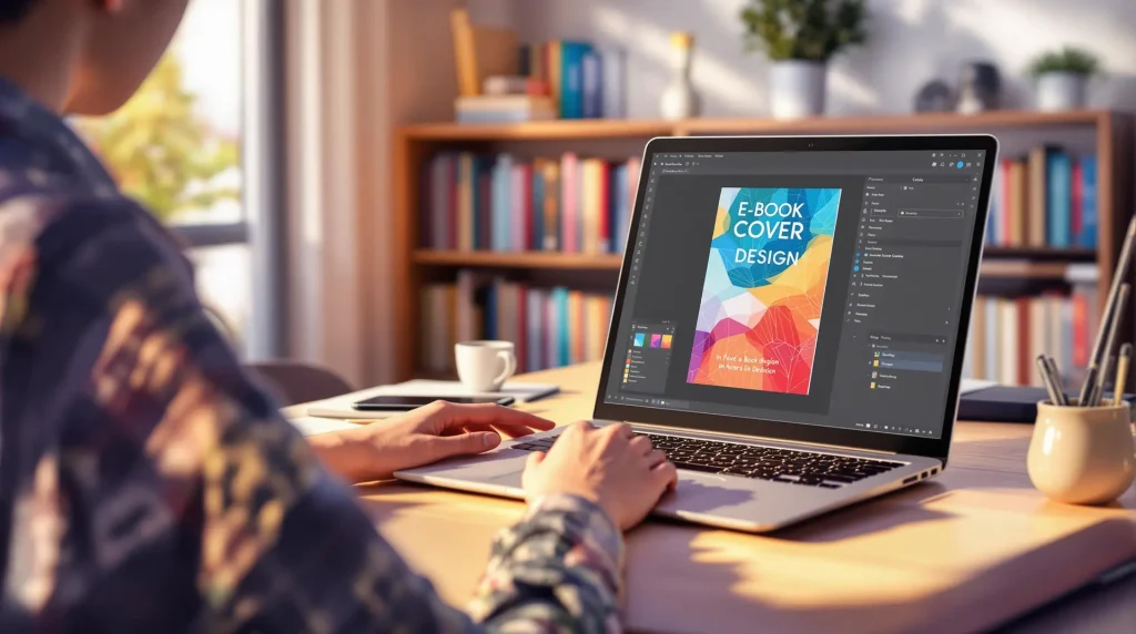 E-kitap kapağı tasarımı üzerinde çalışan bir kişi, dizüstü bilgisayar ekranında renkli bir e-kitap kapağı tasarımı açık.