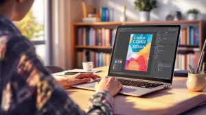 E-kitap kapağı tasarımı üzerinde çalışan bir kişi, dizüstü bilgisayar ekranında renkli bir e-kitap kapağı tasarımı açık.