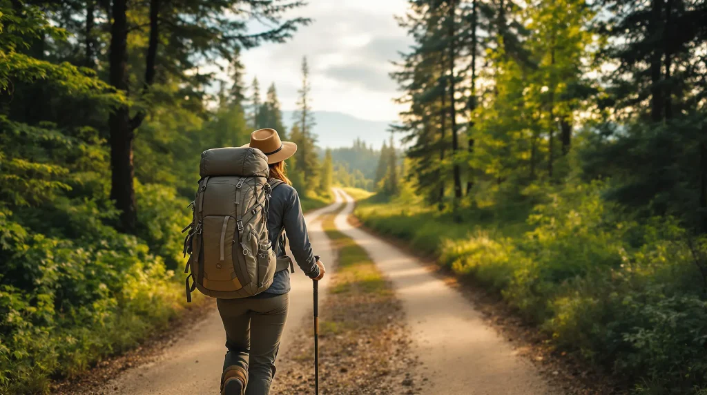 Uzun ve dolambaçlı bir yolda sırt çantasıyla ilerleyen bir kadın. Çevresinde yemyeşil ağaçlar ve huzurlu bir doğa manzarası var.
