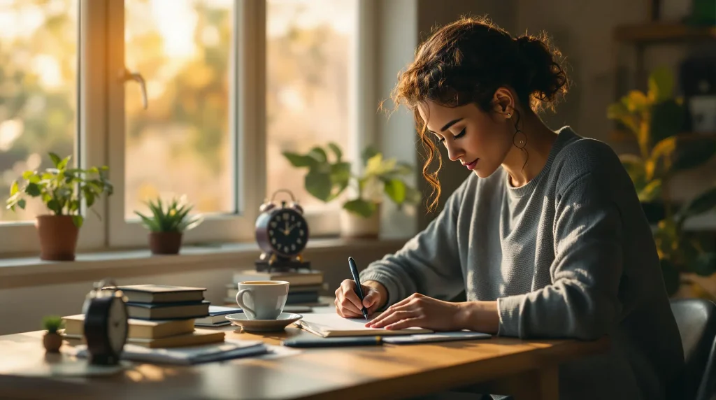 Gün ışığında bir masada oturmuş, odaklanmış bir şekilde yazı yazan genç bir kadın. Masada kitaplar, bir fincan kahve ve bir saat yer alıyor.