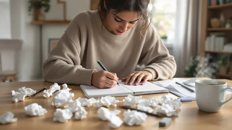 Gün ışığında bir masada oturmuş, odaklanmış bir şekilde yazı yazan genç bir kadın. Masada kitaplar, bir fincan kahve ve bir saat yer alıyor.