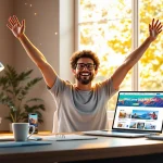 Web sitesi sahibi olmanın avantajlarını kutlayan mutlu bir adam, bilgisayar ekranında yeni web sitesini gösteriyor.