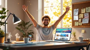 Web sitesi sahibi olmanın avantajlarını kutlayan mutlu bir adam, bilgisayar ekranında yeni web sitesini gösteriyor.