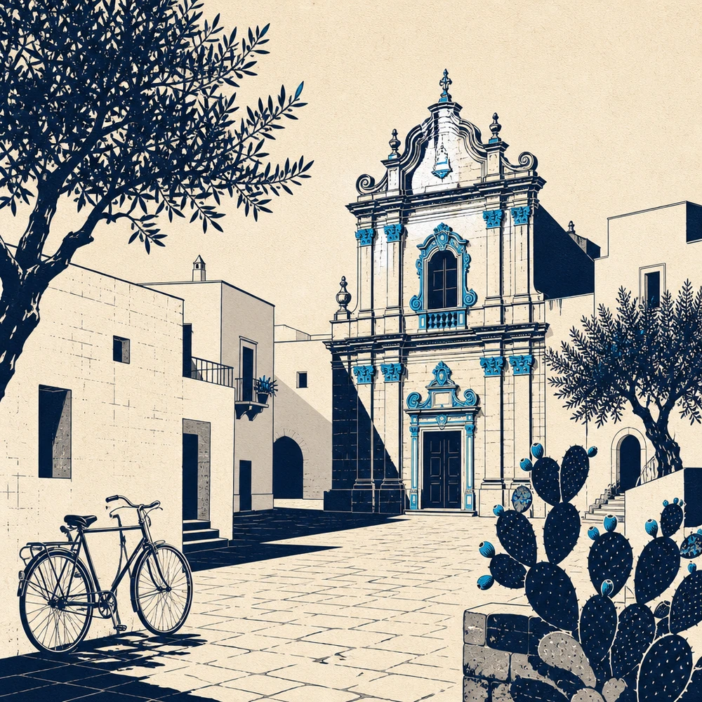 Puglia’da beyaz badanalı bir kasaba meydanı, barok kilise cephesi ve zeytin ağacı