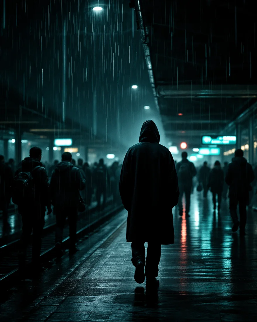 Yağmurlu gece tren istasyonunda kalabalığın ortasında yağmurluklu, sırtı dönük tek bir silüet. Ölümsüz için konsept görsel.