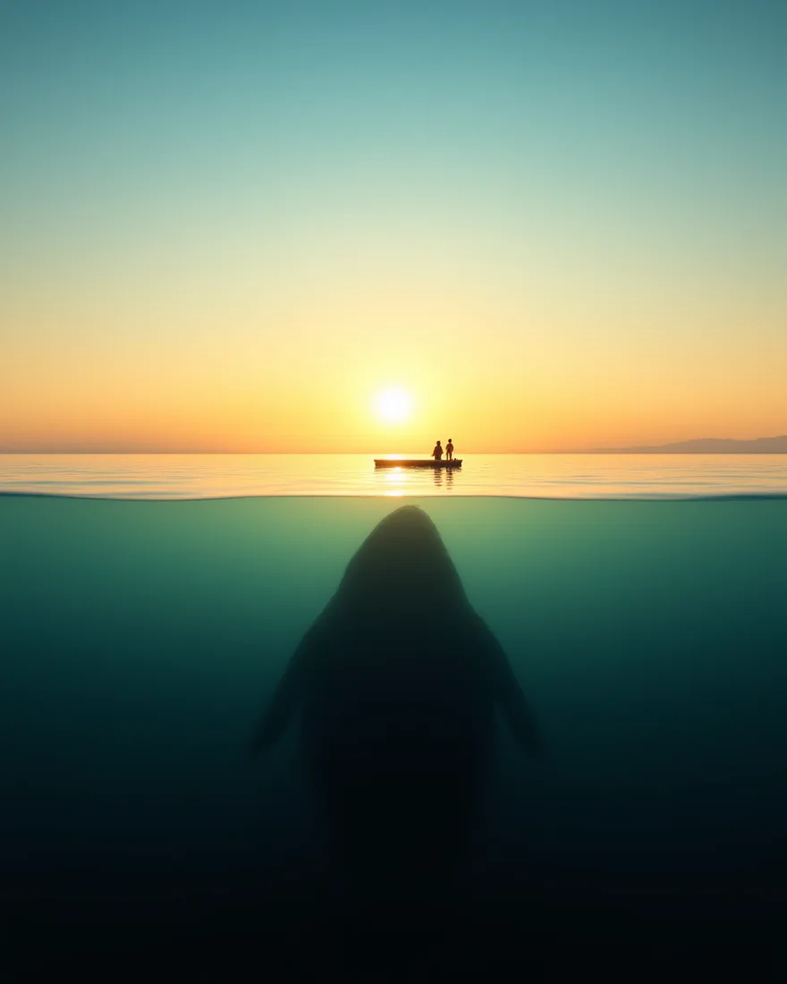 Gün batımında sakin deniz yüzeyinde küçük bir sal, suyun altında belli belirsiz dev bir gölge. Jaws için konsept görsel.