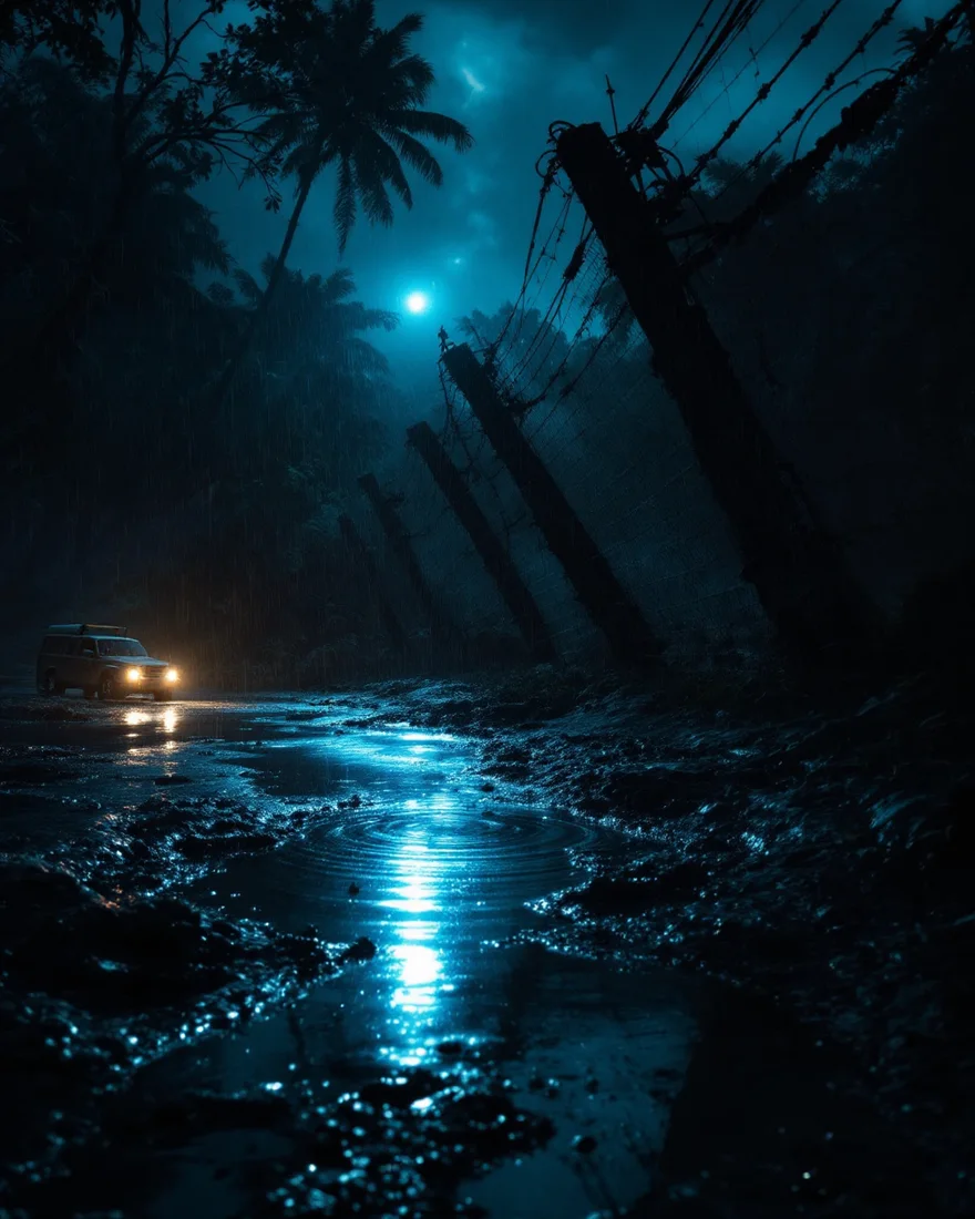 Fırtınalı gecede ormanda devrilmiş elektrikli çit ve çamurdaki su birikintisinde titreşen halkalar. Jurassic Park için konsept görsel.